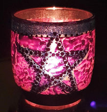 Load image into Gallery viewer, Hand Painted Glass Art Tea Light Candle Holder - Purple Pentagram - The Stormy Cauldron
