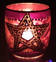 Load image into Gallery viewer, Hand Painted Glass Art Tea Light Candle Holder - Purple Black Pentagram - The Stormy Cauldron
