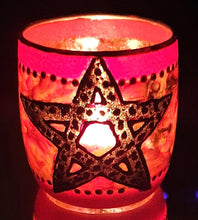 Load image into Gallery viewer, Hand Painted Glass Art Tea Light Candle Holder - Red Pentagram - The Stormy Cauldron
