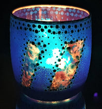 Load image into Gallery viewer, Hand Painted Glass Art Tea Light Candle Holder - Blue And Silver Windows - The Stormy Cauldron
