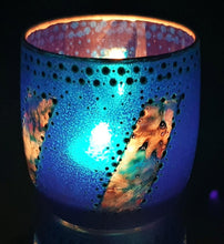 Load image into Gallery viewer, Hand Painted Glass Art Tea Light Candle Holder - Blue And Silver Windows - The Stormy Cauldron
