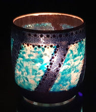 Load image into Gallery viewer, Hand Painted Glass Art Tea Light Candle Holder - Blue Banded Windows - The Stormy Cauldron
