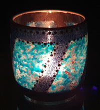 Load image into Gallery viewer, Hand Painted Glass Art Tea Light Candle Holder - Blue Banded Windows - The Stormy Cauldron
