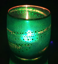 Load image into Gallery viewer, Hand Painted Glass Art Tea Light Candle Holder - Green And Gold Swirl - The Stormy Cauldron
