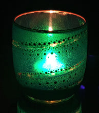 Load image into Gallery viewer, Hand Painted Glass Art Tea Light Candle Holder - Green And Gold Swirl - The Stormy Cauldron
