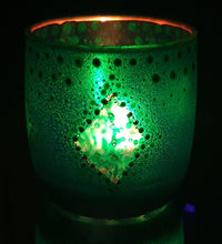 Load image into Gallery viewer, Hand Painted Glass Art Tea Light Candle Holder - Green And Gold Diamonds - The Stormy Cauldron
