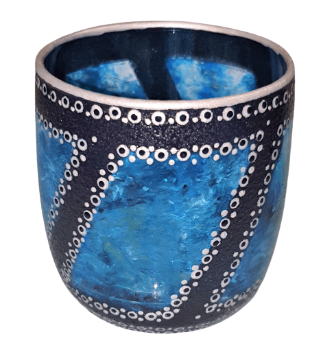 Hand Painted Glass Art Tea Light Candle Holder - Blue Banded Windows - The Stormy Cauldron