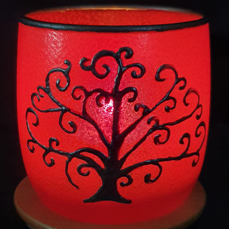 Hand Painted Tree Of Life Glass Art Tea Light Candle Holder