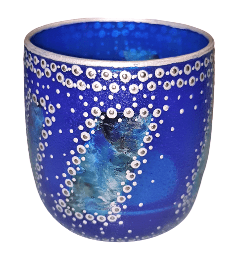 Hand Painted Glass Art Tea Light Candle Holder - Blue And Silver Windows - The Stormy Cauldron