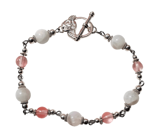 Handmade Moonstone And Cherry Quartz Bead Chain Link Bracelet Toggle Clasp - The Stormy Cauldron