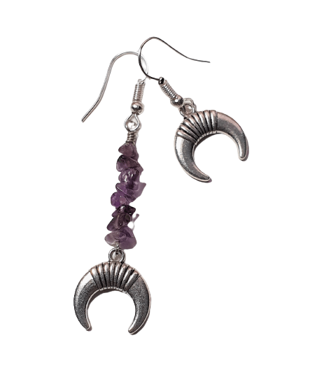 Mismatched Crescent Moon Amethyst Dangle Earrings - The Stormy Cauldron