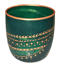 Load image into Gallery viewer, Hand Painted Glass Art Tea Light Candle Holder - Green And Gold Swirl - The Stormy Cauldron
