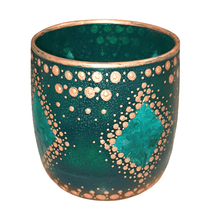 Load image into Gallery viewer, Hand Painted Glass Art Tea Light Candle Holder - Green And Gold Diamonds - The Stormy Cauldron
