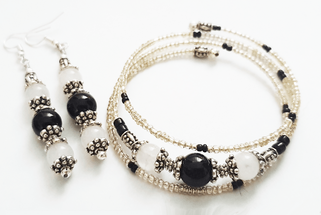 White Jade And Obsidian Earrings And Bracelet Set - The Stormy Cauldron