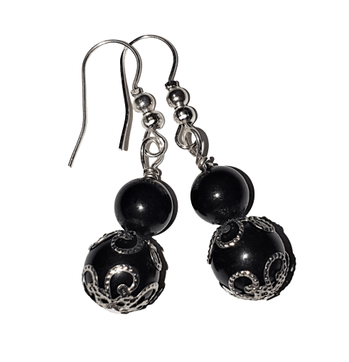 Obsidan Double Beaded Drop Earrings - The Stormy Cauldron