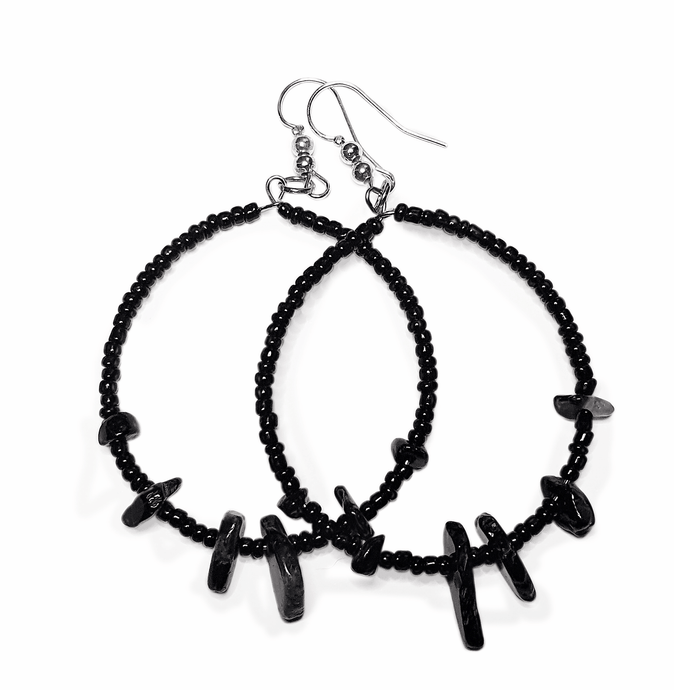 Obsidian Beaded Hoop Earrings - The Stormy Cauldron