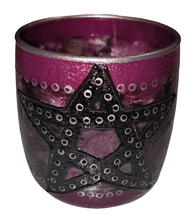 Load image into Gallery viewer, Hand Painted Glass Art Tea Light Candle Holder - Purple Black Pentagram - The Stormy Cauldron
