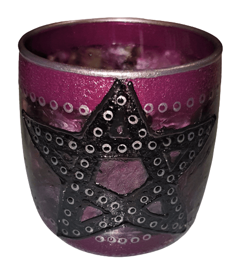 Hand Painted Glass Art Tea Light Candle Holder - Purple Black Pentagram - The Stormy Cauldron