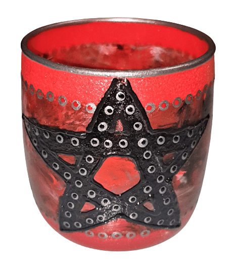 Hand Painted Glass Art Tea Light Candle Holder - Red Pentagram - The Stormy Cauldron